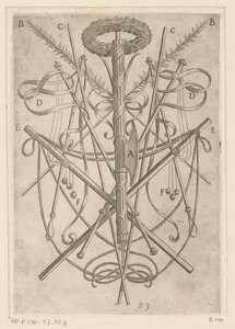Ornamento com instrumentos de tortura
Tortura sofrida pelos mártires cristãos (título da série)
Varia tormentorum et supplicioru crudelium (...) (título da série) de Antonio Tempesta