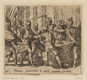 Phineus perturba o casamento de Perseus e Andrómeda
Phineus Andromedae in nuptijs pugnam concitat (título sobre o objecto)
Metamorfoseon sive transformationum (título da série)
Metamorfoses de Ovid (título da série) de Antonio Tempesta