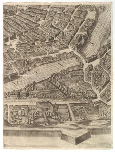 Plano da cidade de Roma. Parte 10 com o Tibre e a Villa Farnesina, 1645. de Antonio Tempesta
