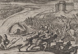 Ilustração 12: Puxando um Navio Carregado de Grãos para a Costa, de A Guerra dos Romanos Contra ..., 1611. de Antonio Tempesta