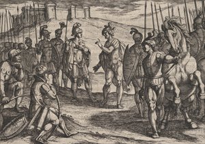 Gravura 15: Civilis tratando com um comandante romano, de A guerra dos romanos contra o ..., 1611. de Antonio Tempesta