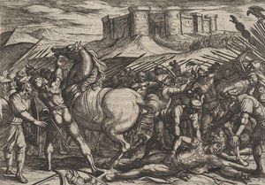 Gravura 17: Os romanos enganados pelo cavalo de Civilis para acreditar que ele estava morto ou ferido, de..., 1611.