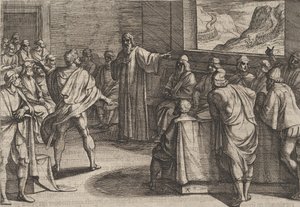 Gravura 23: Conferência sobre os passos a serem tomados sobre as novas tropas romanas que se aproximam ..., 1611. de Antonio Tempesta