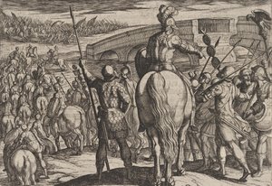 Gravura 24: A Guarda Avançada das Novas Tropas Romanas Recuou, de A Guerra dos Romanos..., 1611. de Antonio Tempesta