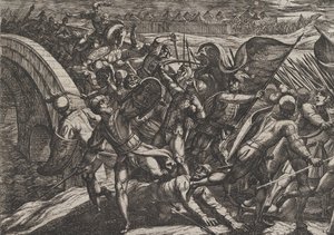 Gravura 27: Os holandeses durante um ataque surpresa do acampamento romano no Mosela, de The Wa..., 1611. de Antonio Tempesta