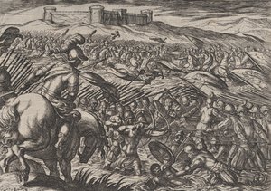 Gravura 29: Civilis inunda a terra quebrando defensivamente os diques, de The War of the R..., 1611. de Antonio Tempesta
