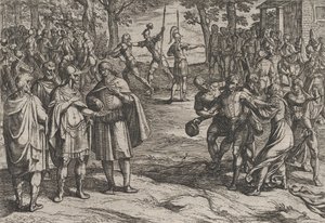 Placa 2: Os romanos tomando holandeses velhos como reféns e seduzindo os jovens, de A guerra..., 1611.