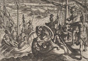Gravura 33: Flotilhas holandesas e romanas no Reno, de A guerra dos romanos contra o B..., 1611.