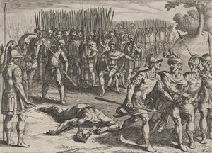 Gravura 3: Claudius Civilis preso e seu irmão Paulus decapitado, de The War of the Ro..., 1611. de Antonio Tempesta