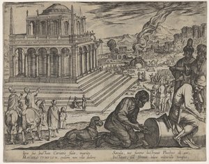 Ilustração 5: Tumba de Mausolus, pedreiros fazem uma coluna à direita, de The Seven Wonders ..., 1608. de Antonio Tempesta