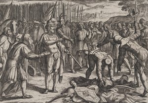 Gravura 7: Enviados alemães visitam Civilis, de A Guerra dos Romanos Contra os Batavos Ro..., 1611. de Antonio Tempesta