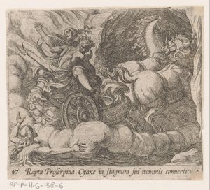 Plutão devora Proserpina definhando da ninfa Cyane Sequestrada por Proserpina, Cyane é transformada em uma piscina própria (título no objeto) Metamorfoseon ou transformações (título da série) Metamorfosen van Ovidius (título da série) de Antonio Tempesta