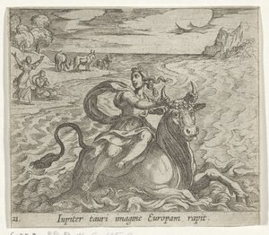 Carrinha de tejadilho Europa Júpiter captura Europa na imagem de um touro (título no objeto) Metamorfoseon ou transformações (título da série) Metamorfosen van Ovidius (título da série) de Antonio Tempesta