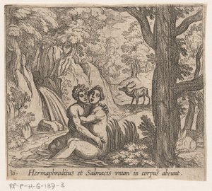 Salmacis en Hermaphroditus
Hermaphroditus et Salmacis unum in corpus abeunt (título sobre o objecto)
Metamorfoseon sive transformationum (título da série)
Metamorfosen van Ovidius (título da série) de Antonio Tempesta
