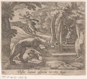 Thisbe vlucht para o leeuwin pelo bron Este é um aspecto do território fugitivo (título no objeto) Metamorfose e Transformação (título da série) As Metamorfoses de Ovídio (título da série) de Antonio Tempesta