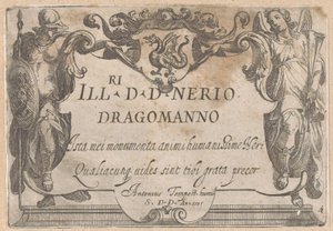 Impressão de título com cartucho com dedicação, ladeado por Minerva e Fama
Cenas de caça (parte 1) (título da série) de Antonio Tempesta