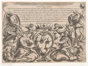 Estampa de título com dedicação e brasão de Cosimo II de