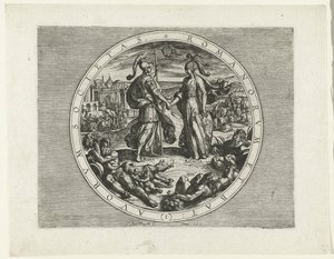Estampa do título da série A Revolta Bataviana, 69-70
Romanorum et Batavorum Societas (1) (título sobre o objecto)
A Revolta Bataviana (título da série)
Batavorum cum Romanis Bellum, à Corn. Tacito / De Batavische Oft Oude Hollandtsche Oorloghe teghen d de Antonio Tempesta
