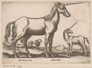 Dois unicórnios e um leão Monocerons/ Allicorno (título no objeto) Animais e criaturas míticas (título da série) Nova raccolta de li animali piu curiosi del mondo (título da série) de Antonio Tempesta