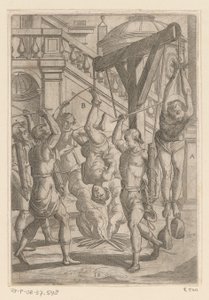 Queimando pendurado de cabeça para baixo e batendo Torturas sofridas por mártires cristãos (título da série) Varia tormentorum et supplicioru rawlium (...) (título da série) de Antonio Tempesta