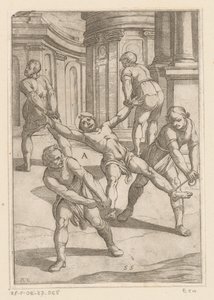 Quatro homens puxam os membros do santo Torturas sofridas por mártires cristãos (título da série) Varia tormentorum et supplicioru rawlium (...) (título da série) de Antonio Tempesta