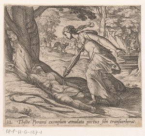 Zelfmoor de Thisbe Thijsbe tinha atravessado seu peito seguindo o exemplo de Pyramus (título no objeto) Metamorfoseon ou transformações (título da série) Metamorfosen van Ovidius (título da série) de Antonio Tempesta