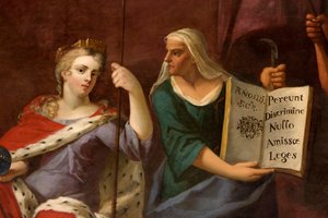Rainha Ana como Britannia, com uma profetisa, detalhe da Sala de Desenhos da Rainha de Antonio Verrio