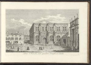 Vista do Campo San Rocco em Veneza
Area S. Rocchi cum ejusdem Templo et Schola (título sobre o objecto)
Vistas de edifícios e praças em Veneza (título da série)
Urbis Venetiarum prospectus celebrriores, ex Antonii Canal tabulis XXXVIII aere expressi ab  de Antonio Visentini