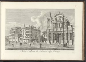 Vista do Campo Santa Maria Zobenigo em Veneza
Area S. Rocchi cum ejusdem Templo et Schola (título sobre o objecto)
Vistas de edifícios e praças em Veneza (título da série)
Urbis Venetiarum prospectus celebrriores, ex Antonii Canal tabulis XXXVIII aere e de Antonio Visentini