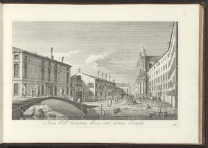 Vista do Campo dei Gesuiti em Veneza
Área P.P. Societatis Jesu cum eorum Templo (título sobre o objecto)
Vistas de edifícios e praças em Veneza (título da série)
Urbis Venetiarum prospectus celebrriores, ex Antonii Canal tabulis XXXVIII aere expressi ab de Antonio Visentini