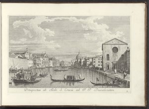 Gezicht no Canal Grande, de Santa Maria di Nazareth em San Simeone Piccolo te Venetië Perspectiva da Casa da Santa Cruz a P. P. Discalceatos (título no objeto) As vistas mais famosas da cidade de Veneza, dos 38 painéis do Canal Antonius, impressas em latão de Antonio Visentini
