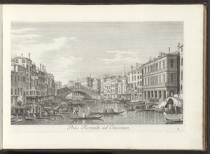Gezicht no Canal Grande em Rialtobrug te Venetië Ponte Rivoalti a Leste (título no objeto) As vistas mais famosas da cidade de Veneza, a partir dos 38 painéis do Canal Antonius, impressos em latão por Antonio Vissentini, divididos em três partes. a segunda de Antonio Visentini