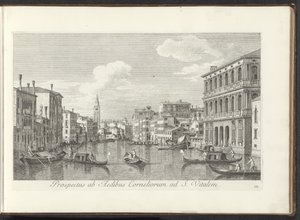 Gezicht no Canal Grande em toren van de San Vitale te Venetië Vista das Casas de Cornélio a São Vital (título no objeto) As vistas mais famosas da cidade de Veneza, dos 38 painéis do Canal Antonius, impressas em madeira por Antonio Vissentini de Antonio Visentini