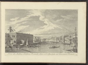 Gezicht no Canal Grande te Venetië Daqui para as Casas Públicas de Rivoalti, do outro lado da SS. Apóstolos para Grimana House (título no objeto) As vistas mais famosas da cidade de Veneza, dos 38 painéis em latão do Canal Antonius, impressos por Antonio V de Antonio Visentini