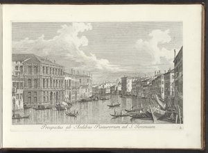 Gezicht op het Canal Grande te Venetië
Prospectus ab Aedibus Pisaurorum ad S. Jeremiam (título sobre o objecto)
Urbis Venetiarum prospectus celebrriores, ex Antonii Canal tabulis XXXVIII aere expressi ab Antonio Vissentini in partes tres distributi. pars