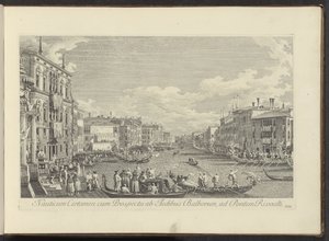 Gezicht no Canal Grande te Venetië waar de Regata plaatsvindt Competição Náutica com Vista das Casas de Balbore à Ponte Rivoalti (título no objeto) Mais vistas famosas da cidade de Veneza, dos painéis Antonius Canal 38 impressos no ar por Antonio de Antonio Visentini