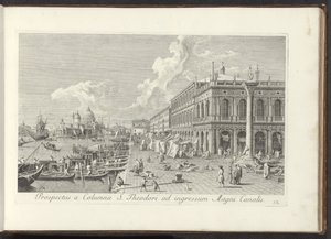 Hoek van het San Marcoplein met de Biblioteca Marciana
Prospectus a Columna S. Theodori ad ingressoum Magni Canalis (título sobre o objecto)
Urbis Venetiarum prospectus celebrriores, ex Antonii Canal tabulis XXXVIII aere expressi ab Antonio Vissentini in de Antonio Visentini