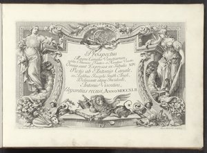 Impressão de título com cartucho retratando Sabedoria e Força
Vistas de grandes canais em Veneza (título da série)
Prospectus Magni Canalis Venetiarum (título da série sobre o objecto)