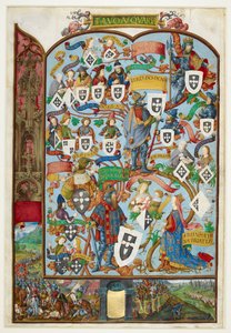 Árvore genealógica dos Reis de Portugal mostrando a descida de Sancho Capello e Alfonso III. Margem inferior: a batalha de Salado em 1340 de Antonio de Hollanda