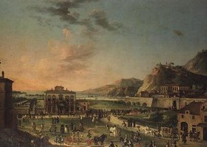 Um capriccio panorama da viagem de Carlos III Rei das Duas Sicílias, da sua villa em Portici ao Palazzo Farnese em Roma de Antonio de dipi (attr. to) Joli
