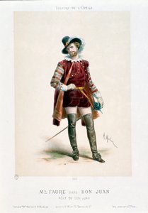O cantor Jean-Baptiste (Jean Baptiste) Faure (1830-1914) interpretando Don Giovanni (Don Juan) na ópera homônima de Wolfgang Amadeus Mozart (1756-1791) durante uma apresentação no Teatro da Ópera em Paris. Litografia de Antony Morlon (1834-1914) Colle