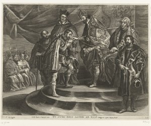 Troonsafsand van Karel V; intocht van Ferdinand te Gent em 1635 (blad 25) Charles despojou-se do Reino e do Império / Você agora será o segundo a ele / Filipe II toma o Reino de seu pai (título no objeto) de Antony van der Does