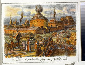 Canhão de lavanderia no rio Neglinnaya (Neglimna, Neglinna, Neglinka), no século XVII. Obra de Appolinari Mikhaylovich Vasnetsov (1856-1933), litografia de Apollinari Mikhailovich Vasnetsov