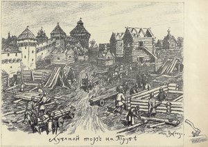 Mercado de madeira de Lubyanoi Rynok no quadrado de Truba Trubnaya em Moscou, início dos anos 20. de Apollinari Mikhailovich Vasnetsov