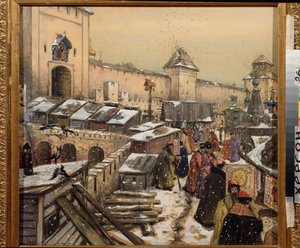 Moscou no século XVII, Livrarias na ponte Cristo Salvador (Moscou no século XVII, Livrarias na ponte Cristo Salvador) - Obra de Appolinari Mykhaylovich Vasnetsov (1856-1933), aquarela e branco sobre papelão de Apollinari Mikhailovich Vasnetsov
