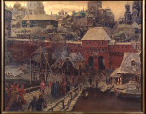 Moscou no século XVII, a Ponte Moskvoretsky e o Portão das Águas - Pintura de Appolinari Mikhaylovich Vasnetsov (1856-1933), óleo sobre tela de Apollinari Mikhailovich Vasnetsov