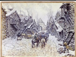 Velha Moscou. Arquitetura de madeira tradicional sob a neve. Obra de Appolinari Mikhaylovich Vasnetsov (1856-1933), aquarela e giz sobre papel de Apollinari Mikhailovich Vasnetsov