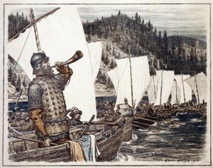 Yermak Timofeyevich (ca. 1540-1585) sobre o rio Irtysh. Episódio da exploração e conquista da Sibéria em 1583. Obra de Appolinari Mikhaylovich Vasnetsov (1856-1933), litografia 1916. Arte russa, 20 de Apollinari Mikhailovich Vasnetsov
