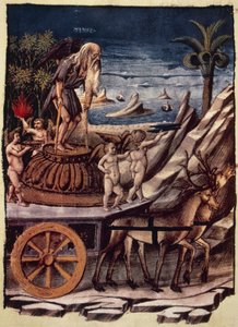 O triunfo do Tempo, a carruagem do Tempo sendo puxada por veados, miniatura de Apollonio di Giovanni (1415 ou 1417-ca 1465) de Triumphs, poema alegórico de Francesco Petrarca (1304-1374), manuscrito 1129, fólio 42, verso, Itália