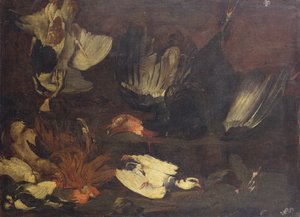 Um peru morto, pombas, um galo e outras aves em um banco rochoso (óleo sobre tela) de Arcangelo Resani